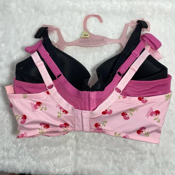 Juicy Couture Sexy Cherry Print, Pink, Black 3 Piece Pushup Bra Set Size 36D - Picture 6 of 6